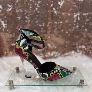 Size 7, Multicolored Snake Print, Clear Wedge Heels with Ankle Strap